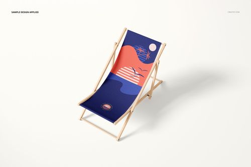 PSD mockup of a folding deck chair with light wood frame and colorful beach scene pattern on the seat, isolated on white.