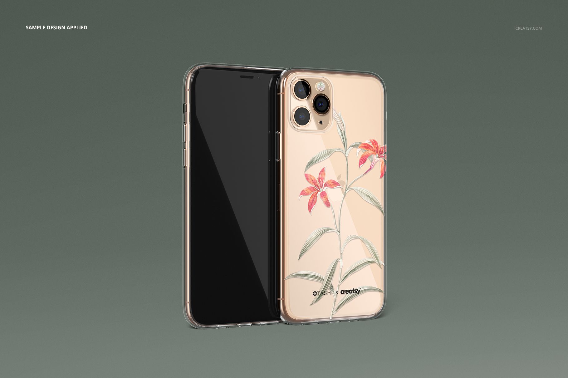 Clear iPhone 11 Pro case mockup with floral design, shown from angled front and back against a muted green background.