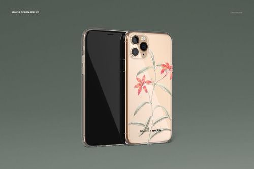 Clear iPhone 11 Pro case mockup with floral design, shown from angled front and back against a muted green background.