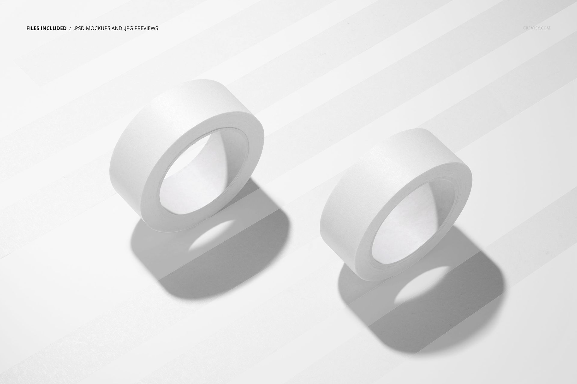 White adhesive tape rolls on a diagonal striped surface, PSD mockup displayed in a clean, minimal scene.