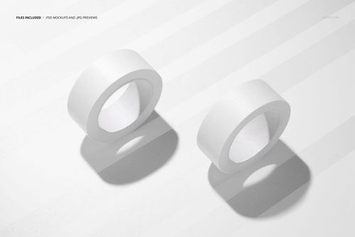White adhesive tape rolls on a diagonal striped surface, PSD mockup displayed in a clean, minimal scene.