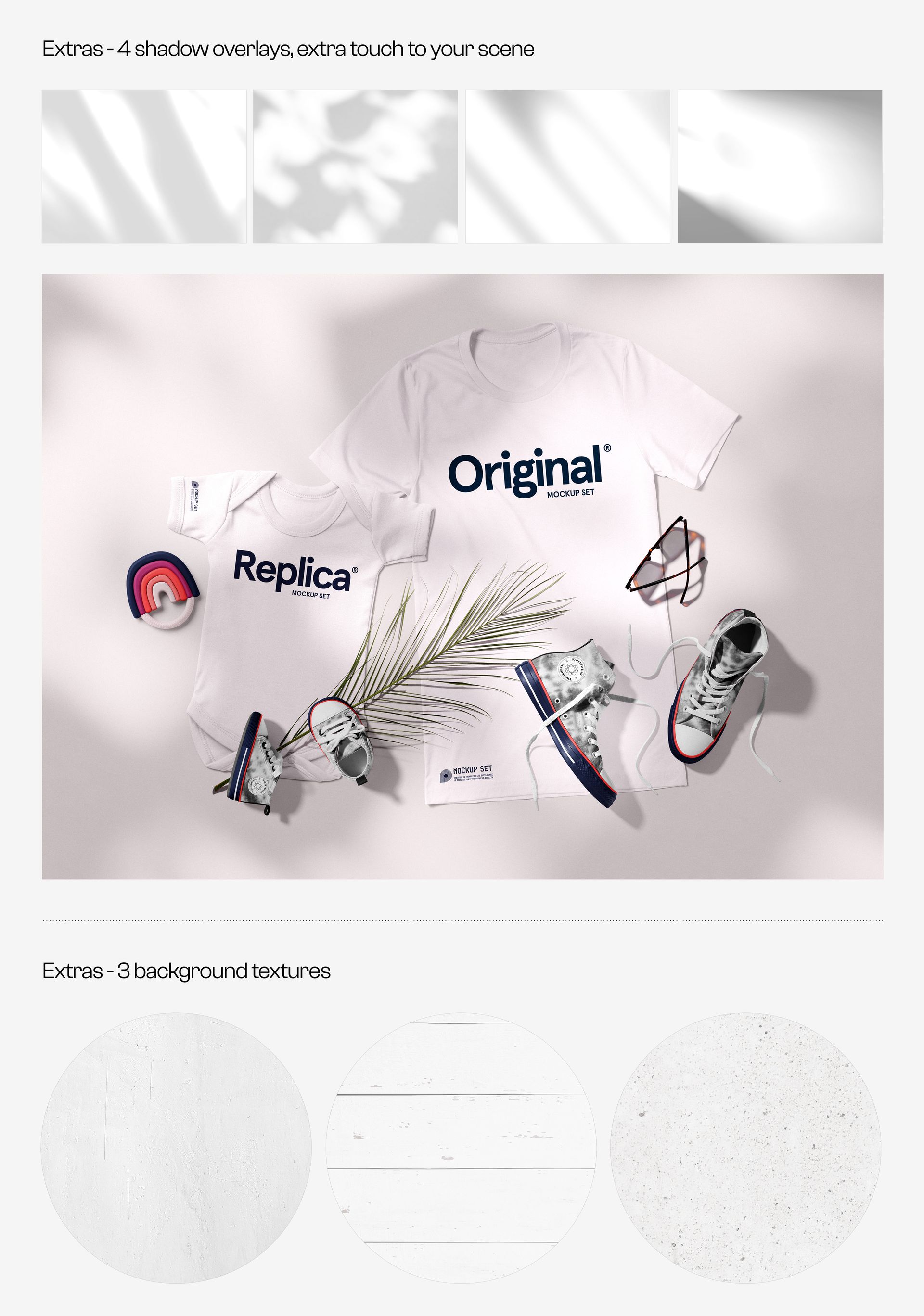 Mockup set showing two adult apparel t-shirts with printed text, styled with casual accessories and soft shadow overlays.