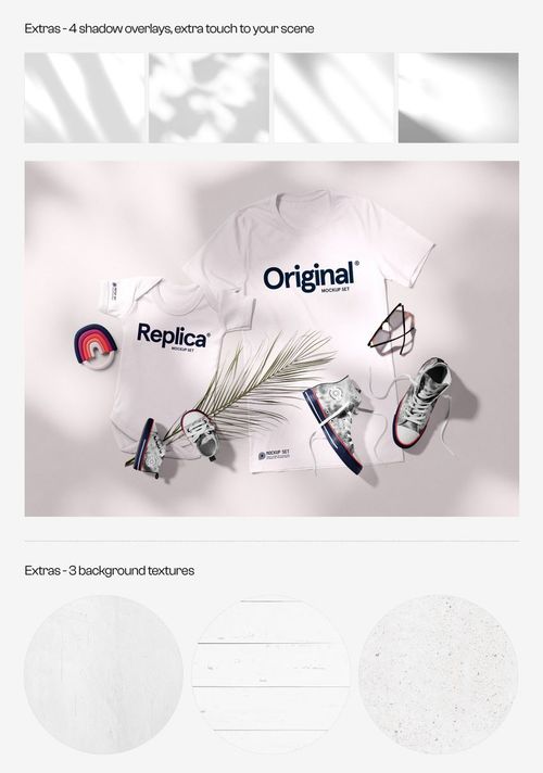 Mockup set showing two adult apparel t-shirts with printed text, styled with casual accessories and soft shadow overlays.