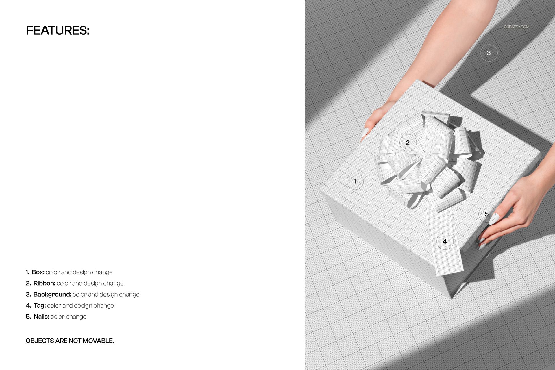 PSD mockup of hands presenting a square packaging box with ribbon and tag, viewed from the top on a patterned surface.