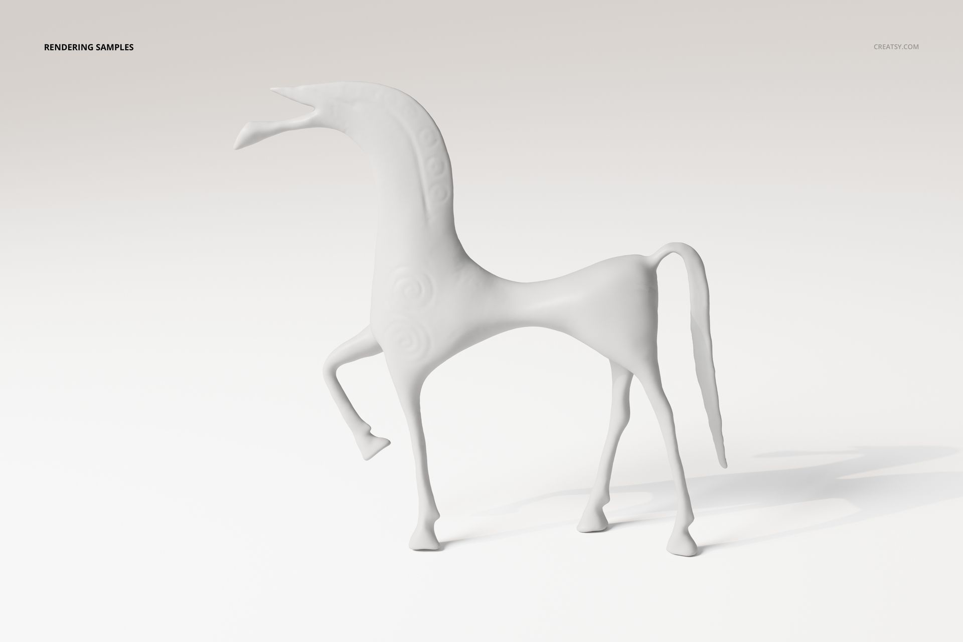 Antique-style horse figurine with elongated legs and neck, shown in a side view on a plain gradient background.