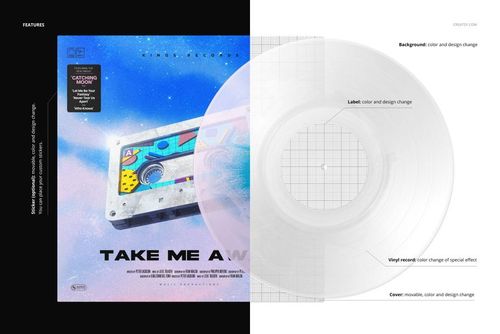 Front view of a vinyl record and cover mockup, featuring a splatter effect design and a colorful cassette illustration.