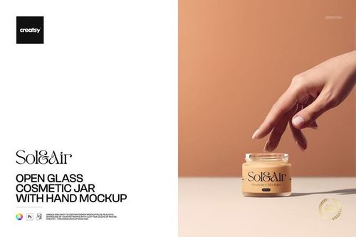 PSD mockup featuring a transparent cosmetic jar filled with light-colored cream, hand poised above the jar.