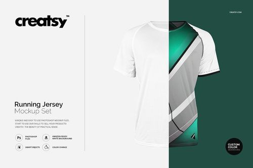 Running jersey mockup featuring angular green, gray, and white color blocks, shown from the front against a two-tone backdrop.