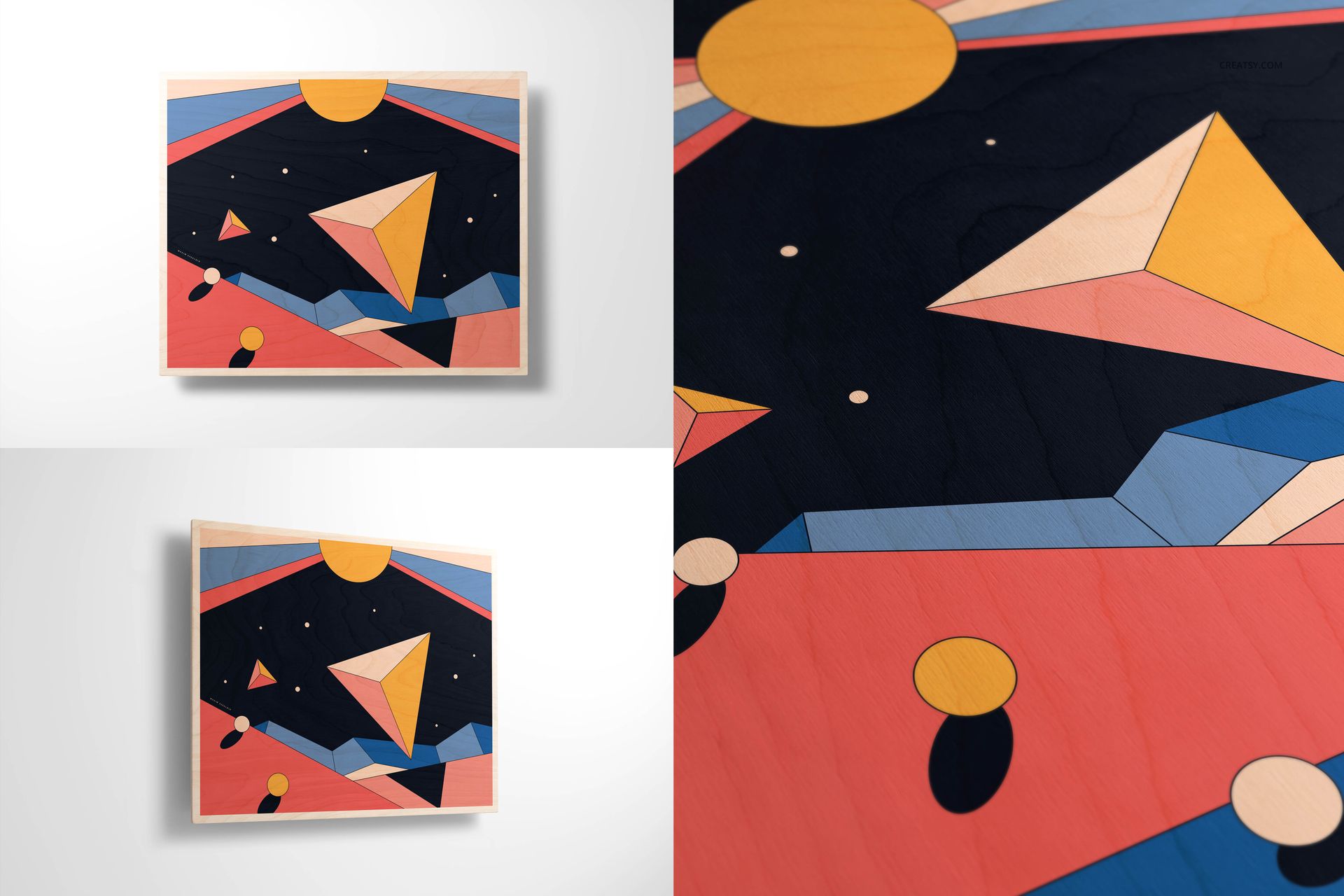 Close-up of plywood wall art mockup with abstract geometric pattern in bold colors, highlighting wood texture.