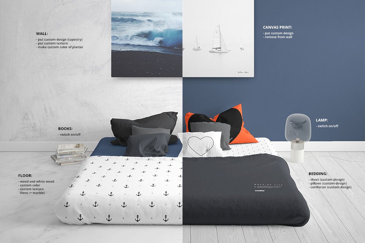 Front view of a bedroom mockup with a double bed, decorative pillows, blue and white walls, and a canvas print above.