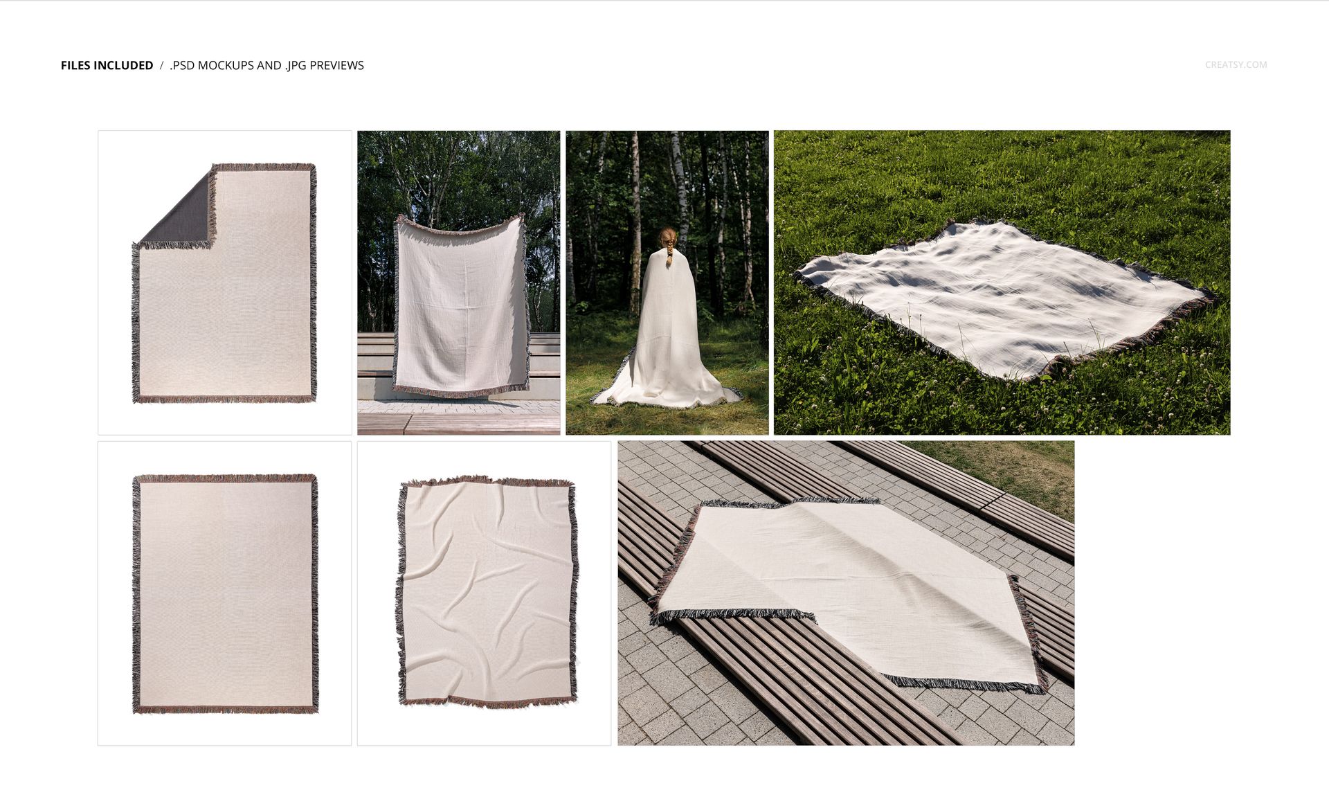Jacquard fringed woven throw blanket mockup set showing various layouts including flat, folded, draped, and outdoor scenes.