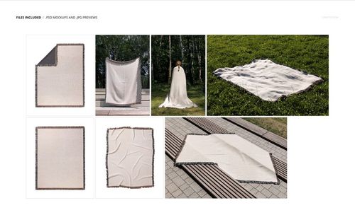 Jacquard fringed woven throw blanket mockup set showing various layouts including flat, folded, draped, and outdoor scenes.
