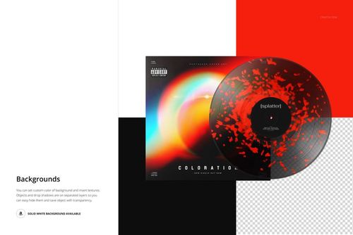 Vinyl record with red splatter pattern next to a colorful cover, displayed in a PSD mockup scene with varied backgrounds.