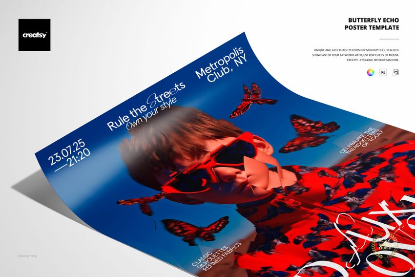 Curved poster mockup showing a vibrant design with a person in red sunglasses and butterflies on a white background.