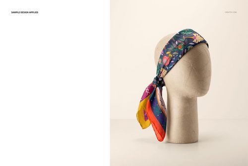 PSD mockup of a habotai silk scarf featuring a bold botanical print, wrapped on a simple mannequin head.