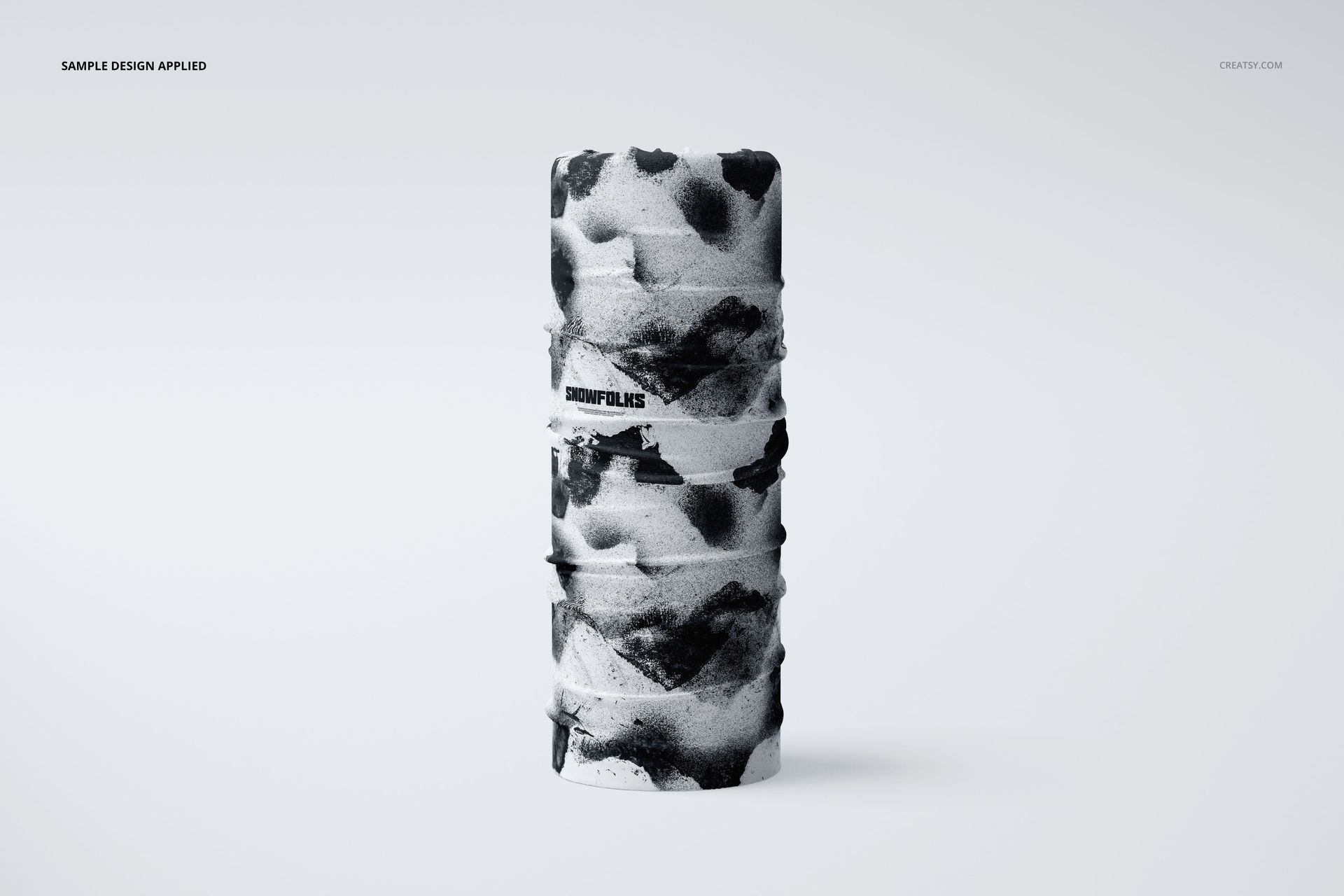 Neck gaiter mockup featuring a cylindrical shape and monochrome abstract design, standing against a white backdrop.