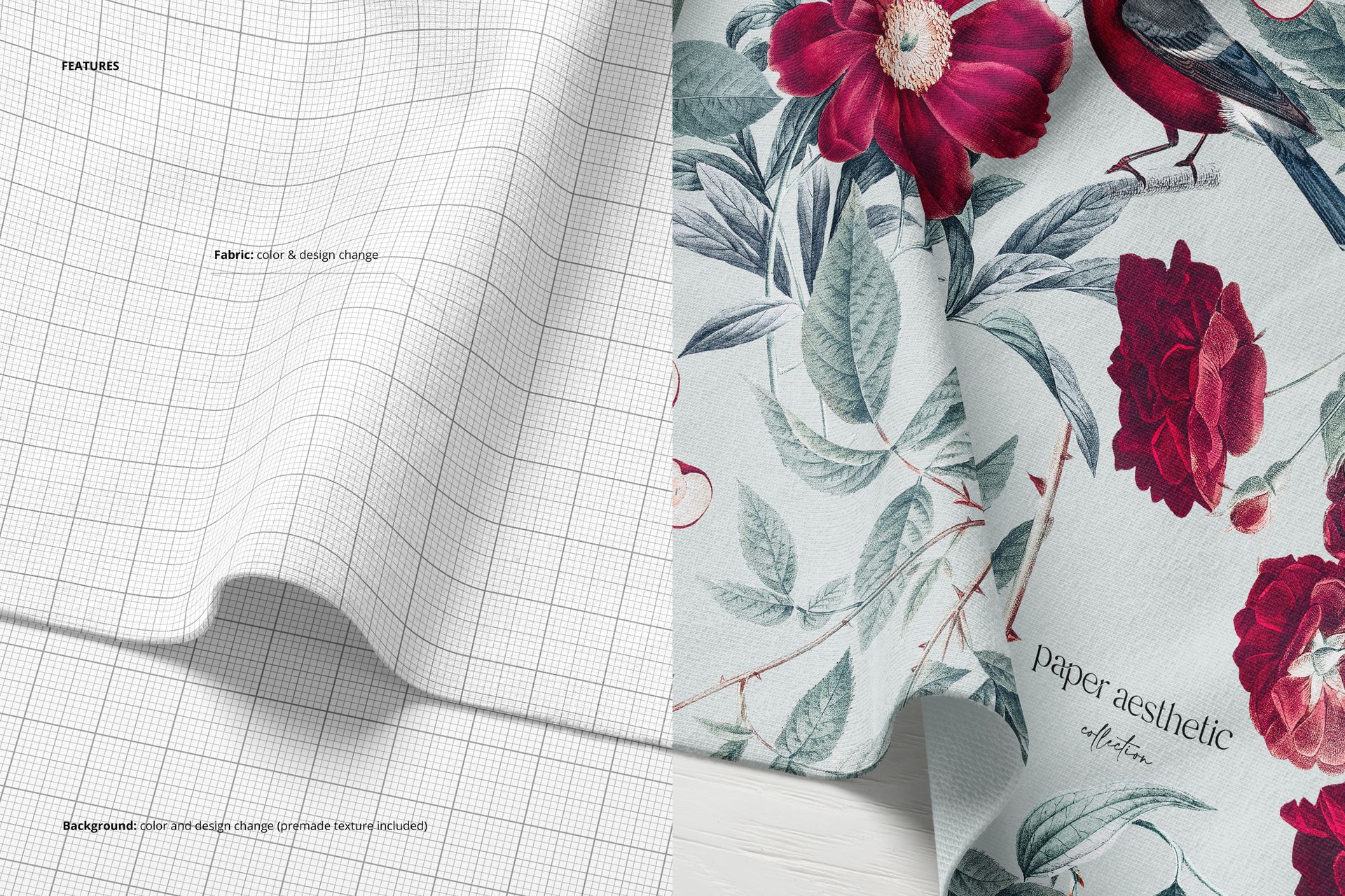 Jersey fabric mockup laid out flat with subtle folds, featuring a grid pattern on one side and floral design on the other.