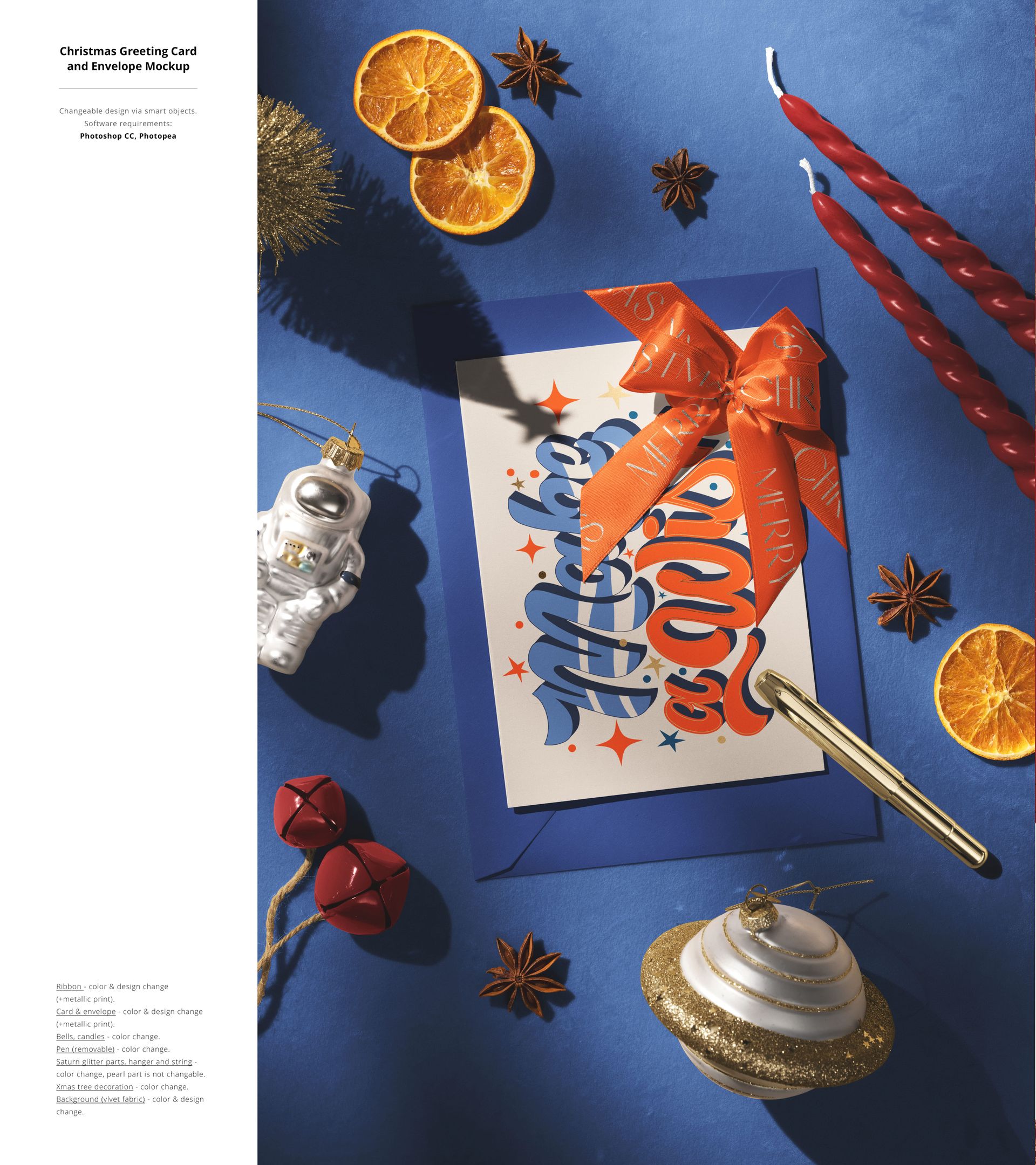 Christmas greeting card mockup with blue envelope, orange bow, gold pen, and festive decorations on blue surface.