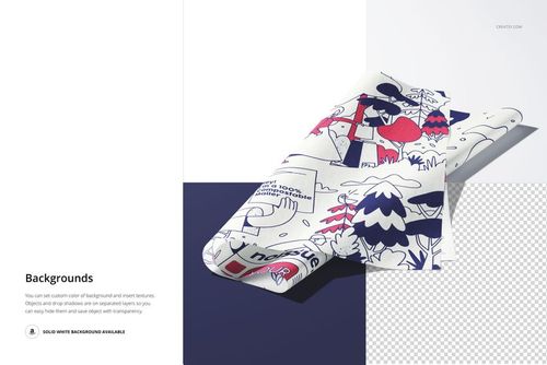 Mockup of tissue paper with whimsical line art and colored shapes, presented in a top-down view with realistic lighting.