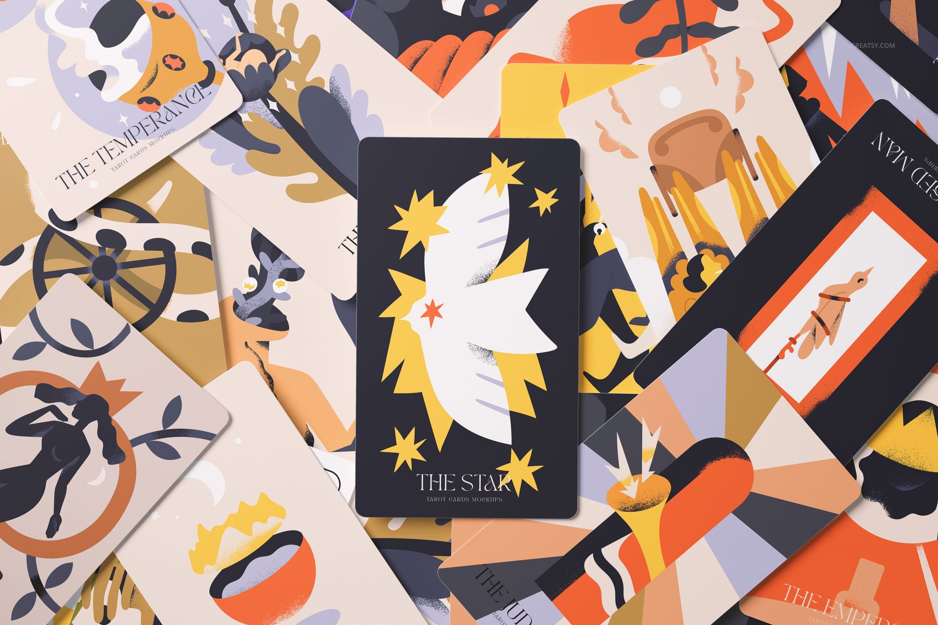 Tarot cards mockup set displayed flat, showing modern, vibrant artwork in shades of orange, yellow, black, and beige.