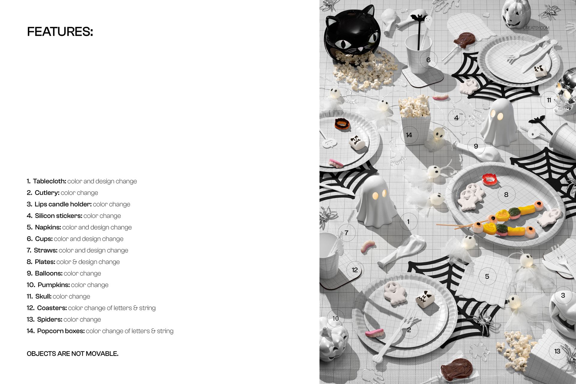 Halloween-themed table setting with plates, ghost-shaped decorations, black cat bowl, popcorn, and spider web placemats, top view.