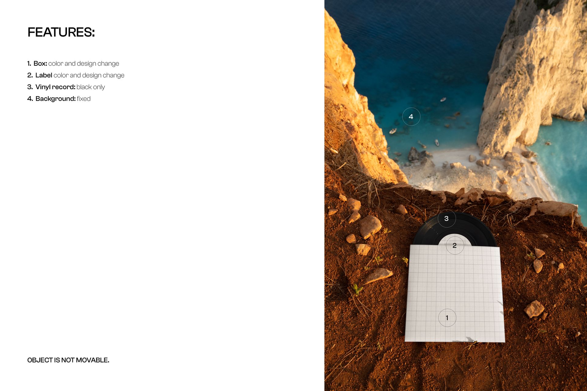 Top view of a black vinyl record mockup placed on a rocky cliff edge above blue ocean water, with grid overlay.