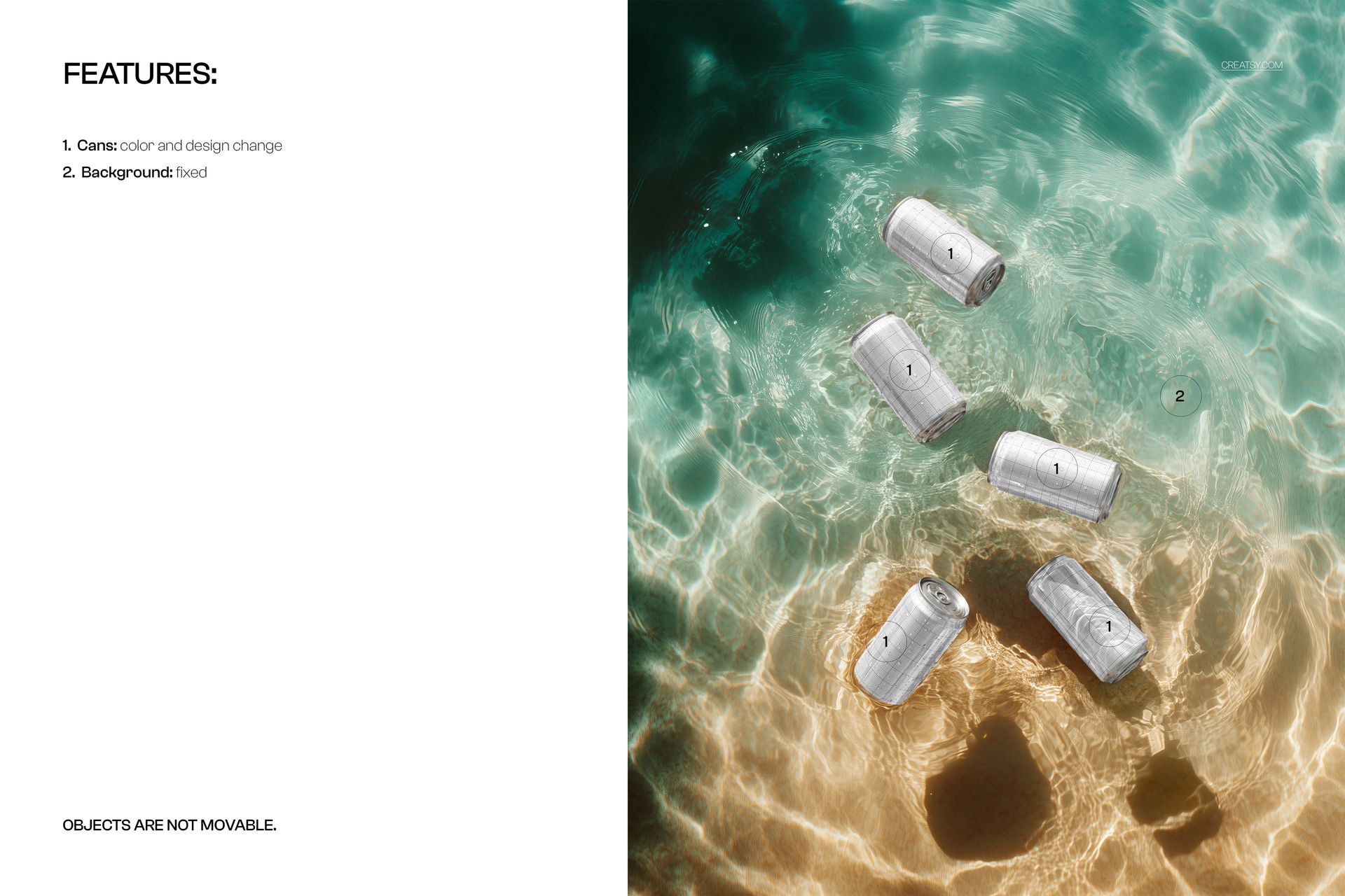 Top view of multiple metallic drink cans in transparent water with sunlight reflections, PSD mockup scene.