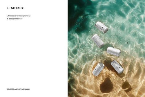 Top view of multiple metallic drink cans in transparent water with sunlight reflections, PSD mockup scene.