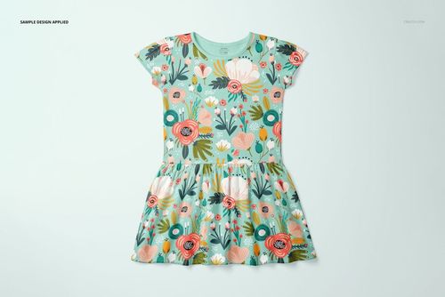 Front view of a toddler rib dress mockup featuring a colorful floral pattern on a light green background.