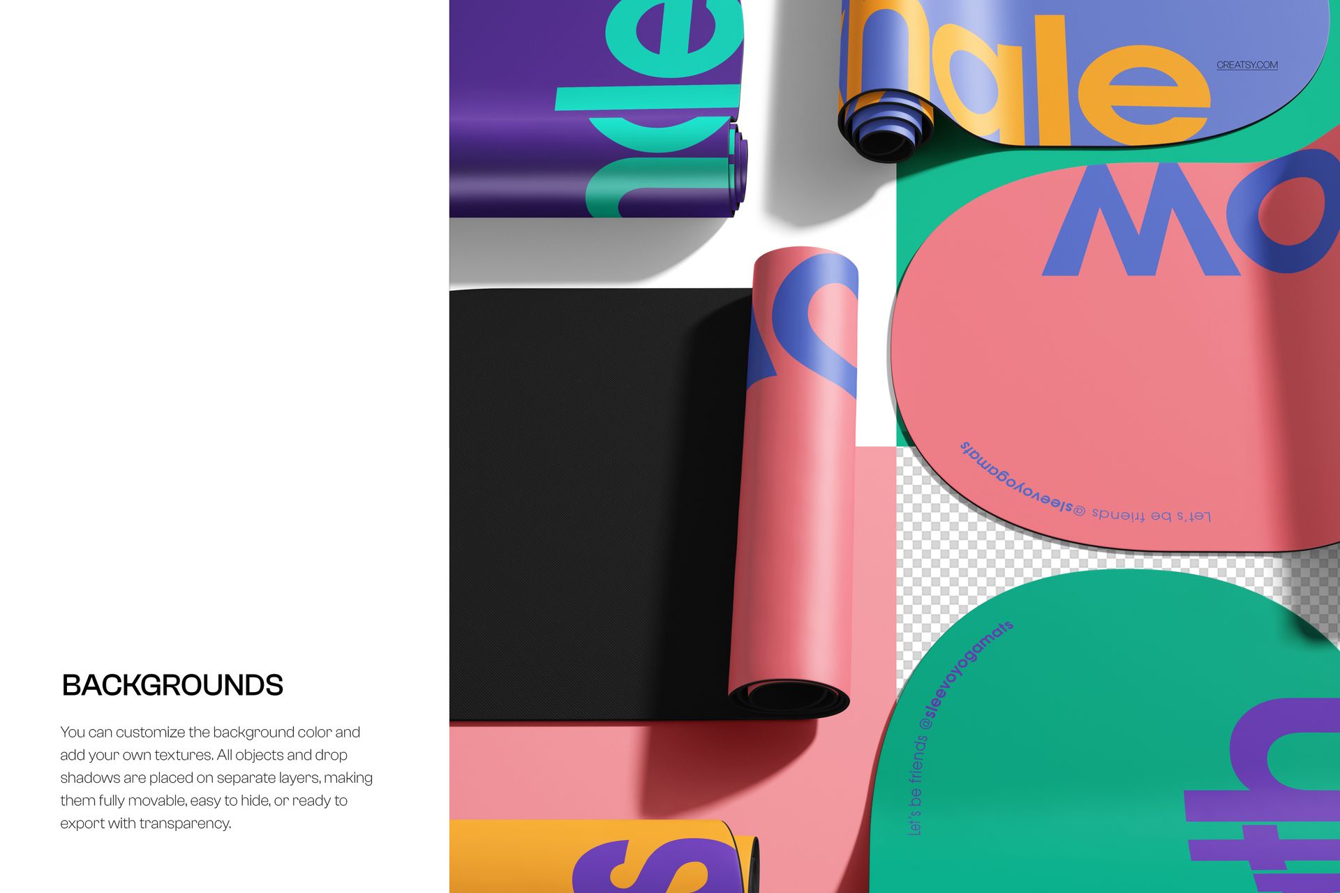 PSD mockup displaying several PU oval yoga mats in pink, black, teal, and purple, some rolled and some unrolled.
