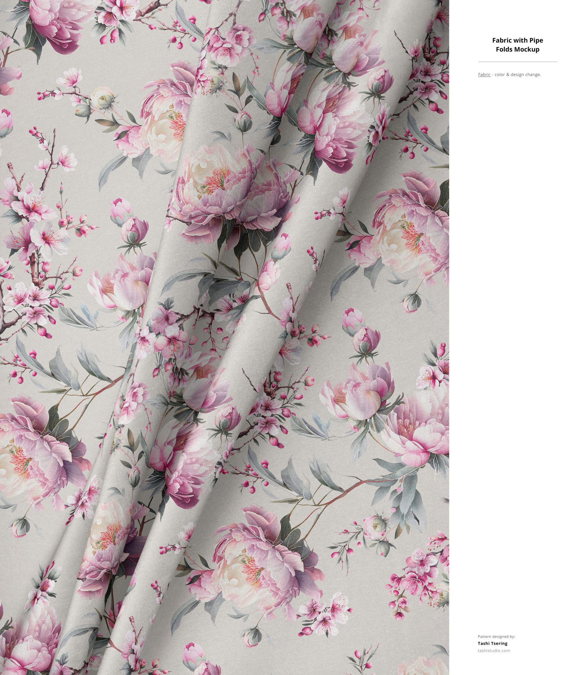 PSD mockup showing folded fabric with soft pink and white flower design and green leaves on a pale surface.