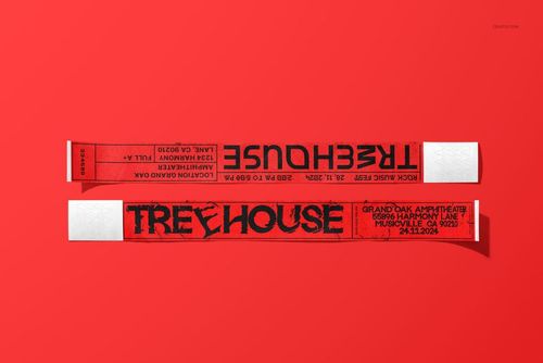 Two red paper wristbands with black text and white adhesive ends displayed on a flat surface, top view mockup.