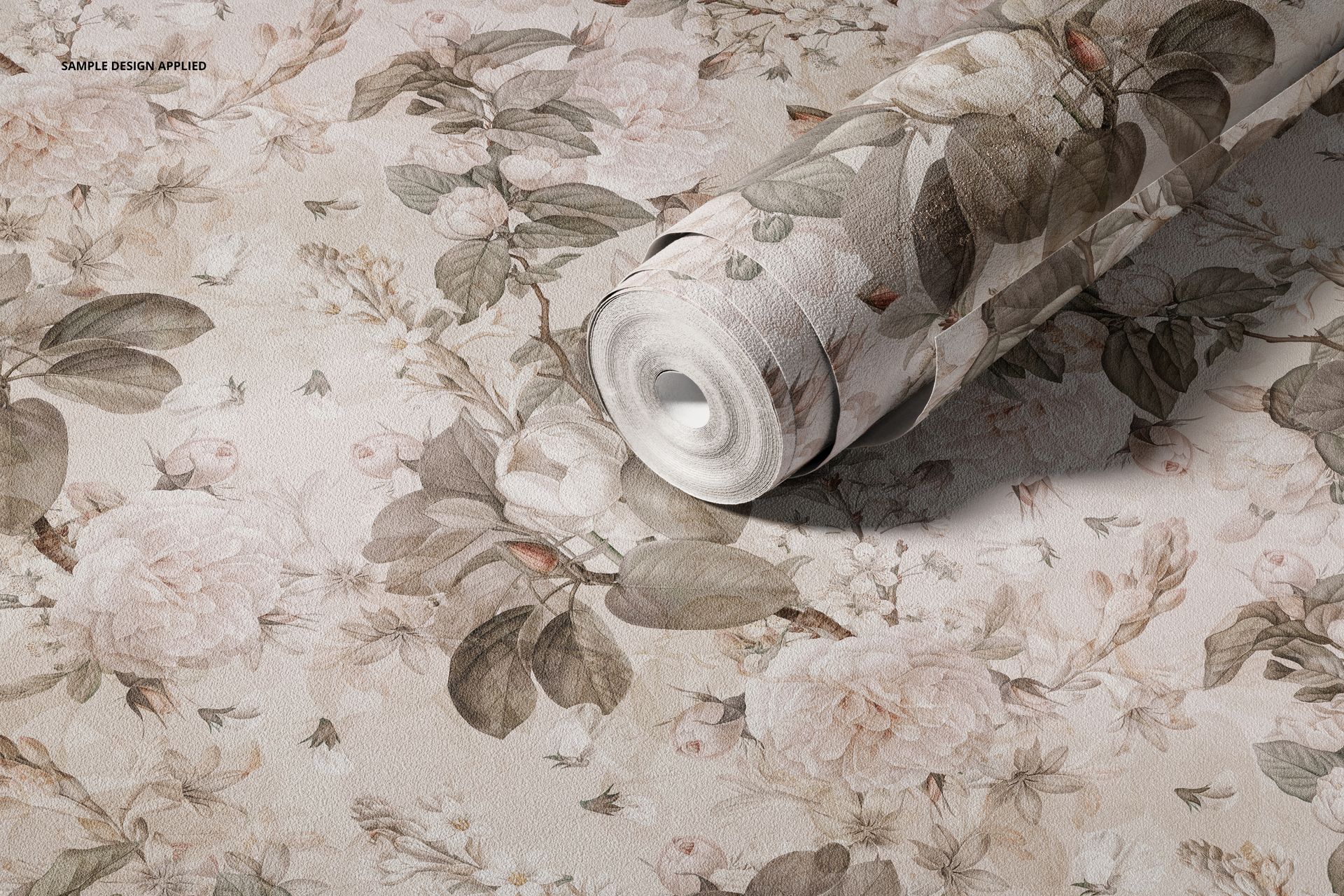 Non-woven vinyl wallpaper mockup featuring a rolled sheet with delicate floral design in neutral pastel colors.
