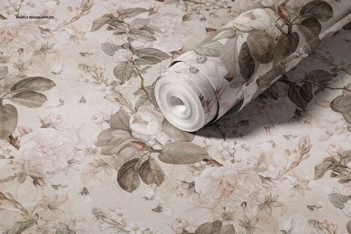 Non-woven vinyl wallpaper mockup featuring a rolled sheet with delicate floral design in neutral pastel colors.