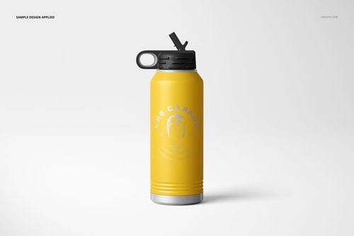 32 oz. water bottle mockup with matte yellow finish and silver base, black lid, displayed on white surface.