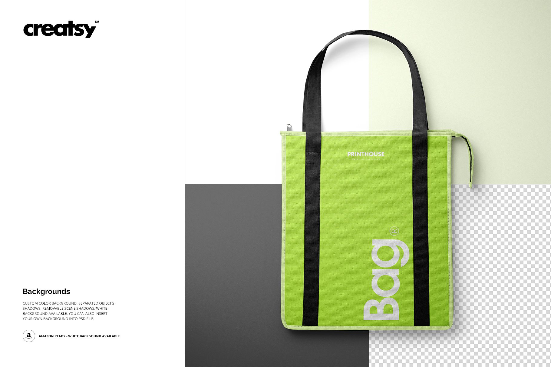 Green insulated tote bag mockup shown upright with black handles, placed against a split background of white and gray.