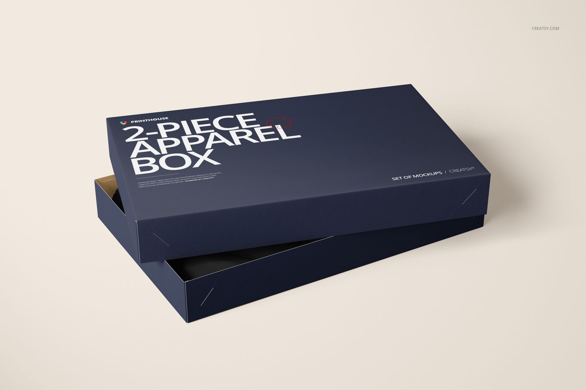Two-piece apparel box with a dark blue lid and base, shown at an angle on a light beige surface.