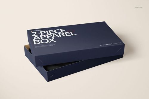 Two-piece apparel box with a dark blue lid and base, shown at an angle on a light beige surface.
