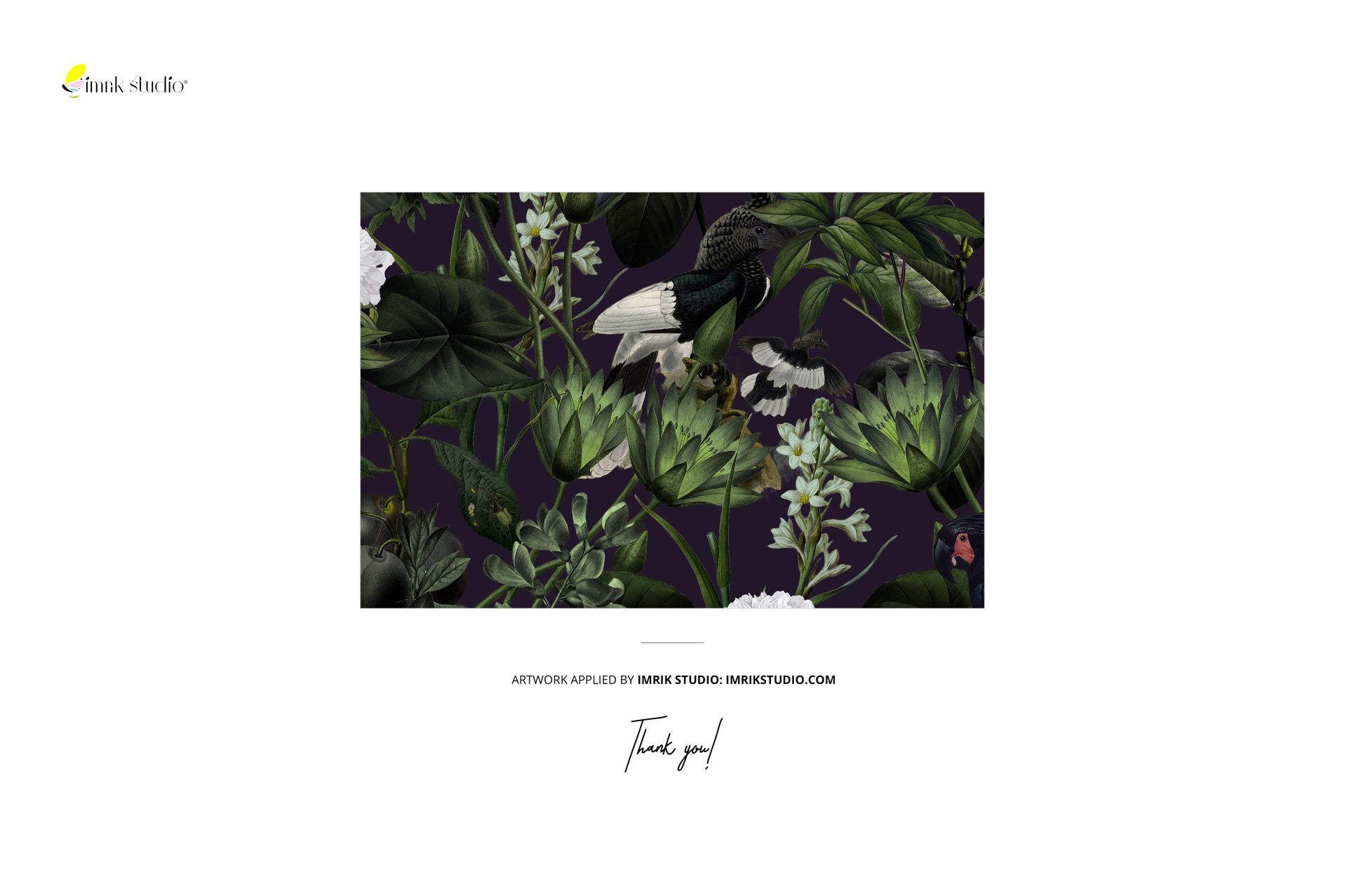 Rectangular tablecloth fabric mockup featuring a dark botanical pattern with green leaves and birds, front view.