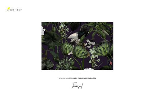 Rectangular tablecloth fabric mockup featuring a dark botanical pattern with green leaves and birds, front view.