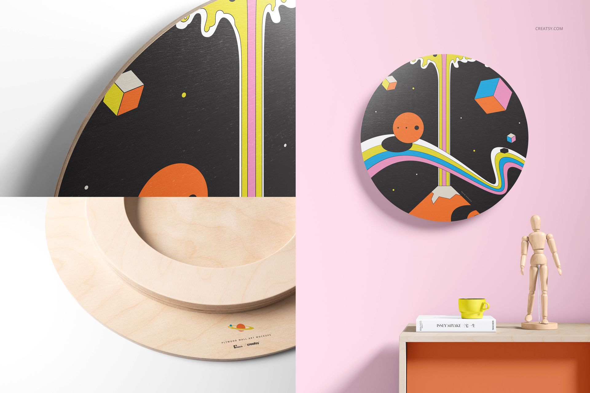 Round plywood wall art mockup featuring colorful abstract design, shown in close-up and room scene on pastel wall.