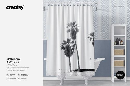PSD mockup showing a bathroom interior with a monochrome palm tree design on the shower curtain and minimalist decor.