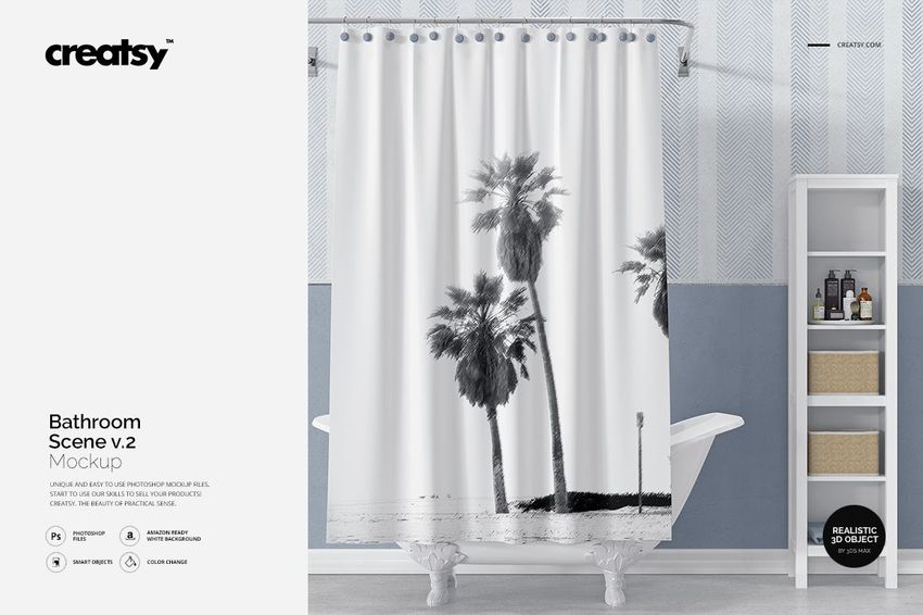 PSD mockup showing a bathroom interior with a monochrome palm tree design on the shower curtain and minimalist decor.