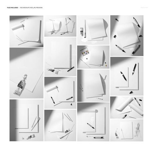Top view of multiple art paper mockups, surrounded by drawing supplies like brushes, crayons, and scattered pencil shavings.