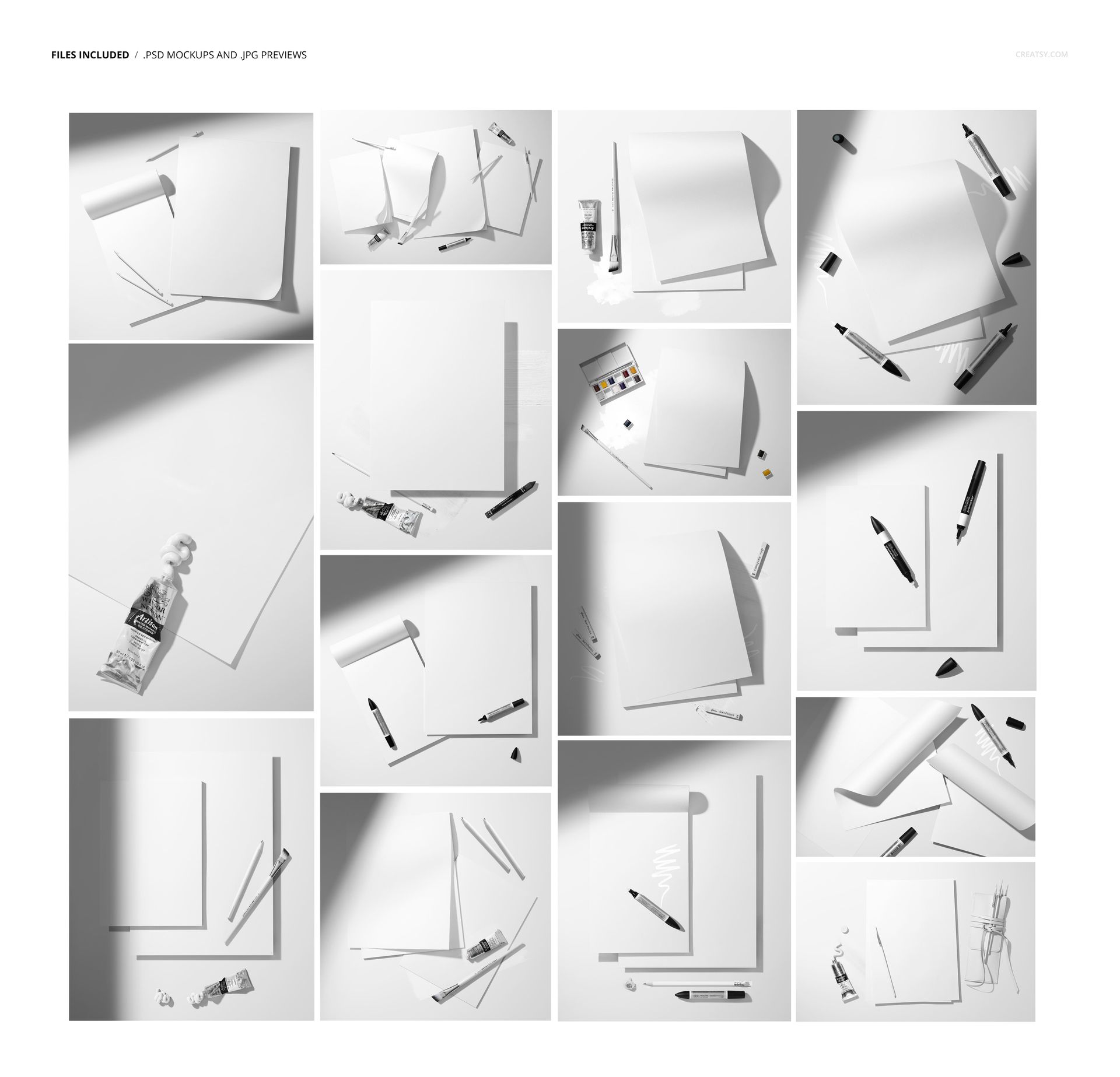 Top view of multiple art paper mockups, surrounded by drawing supplies like brushes, crayons, and scattered pencil shavings.