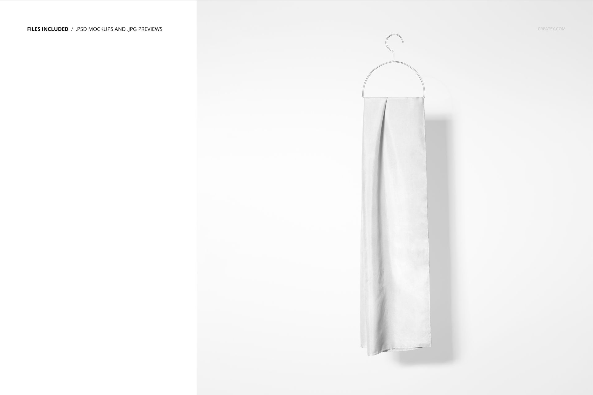 Silk scarf mockup hanging on a simple white hanger, displayed against a plain white background, front view.