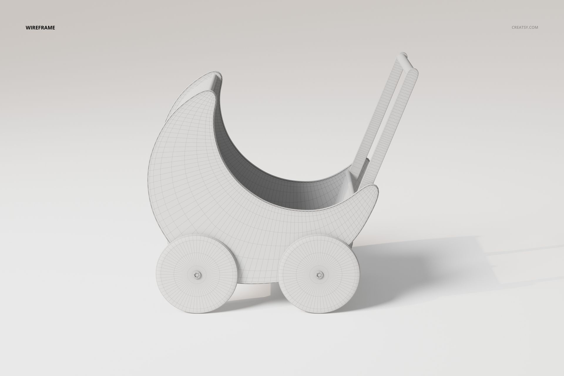 Wireframe 3D model of a baby doll stroller with curved sides and four wheels, shown from a side angle on a light background.