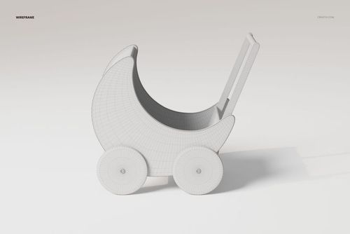 Wireframe 3D model of a baby doll stroller with curved sides and four wheels, shown from a side angle on a light background.