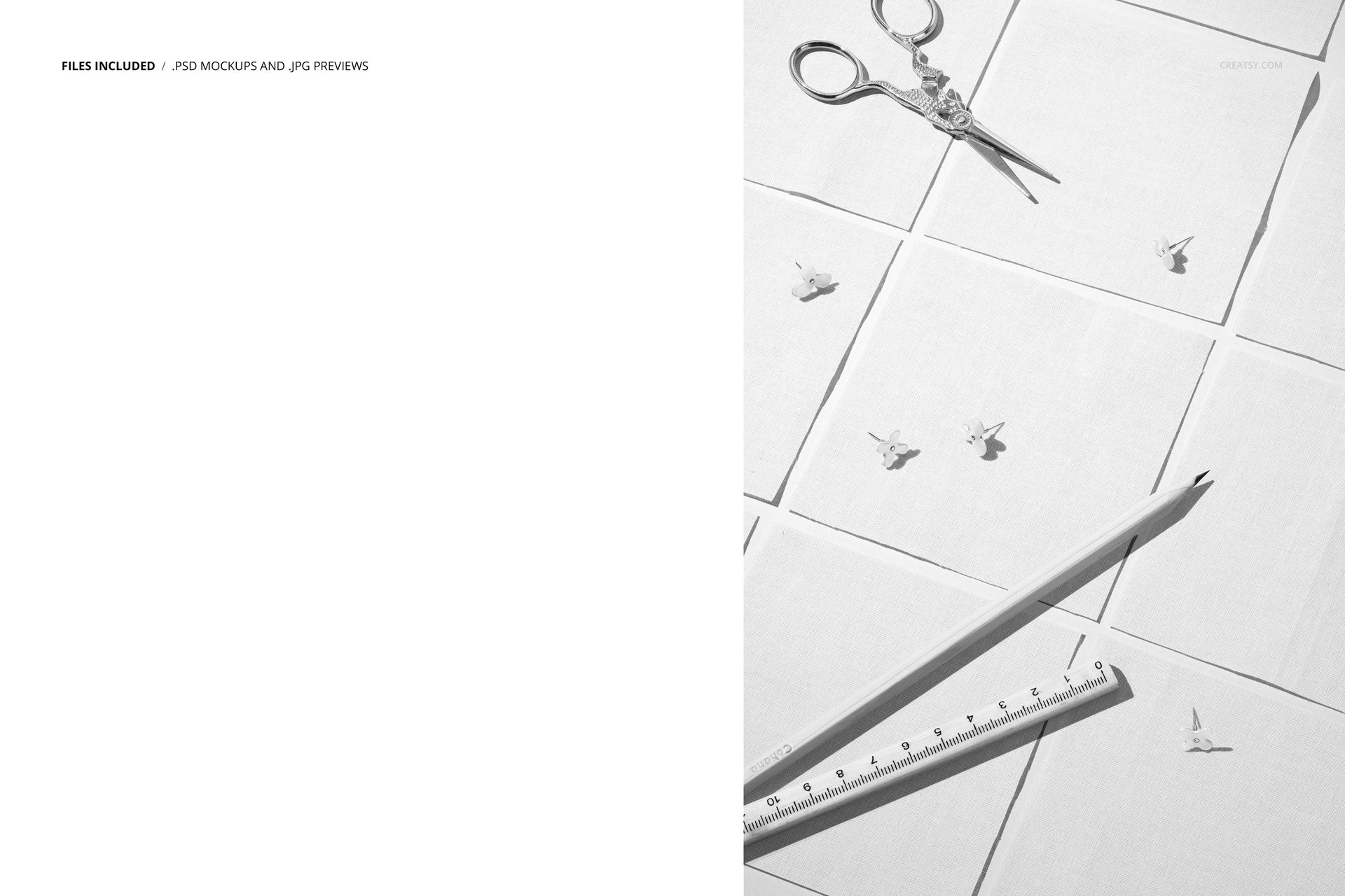 Cotton fabric swatches mockup shown from an angled perspective, with stationery items placed on a bright background.