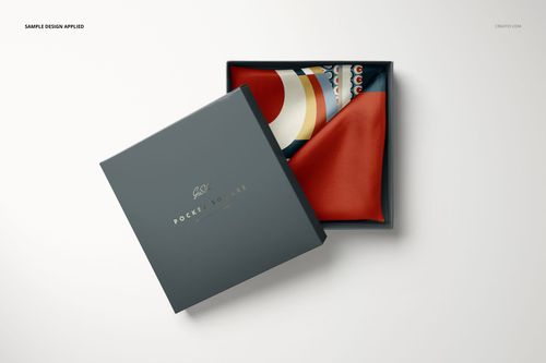PSD mockup of a pocket square with red, blue, and cream colors, presented in a square gift box, overhead perspective.